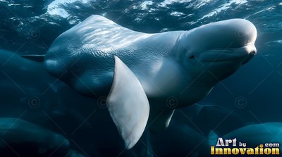Swimming through dark water, a pale beluga whale curves its body toward sunlight