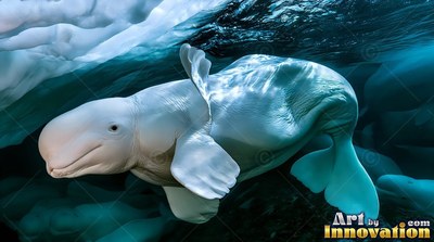 Beluga whale swimming beneath ice in blue water