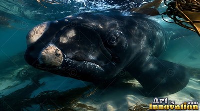 Rough white patches cover the snout of a dark right whale swimming through kelp in clear water