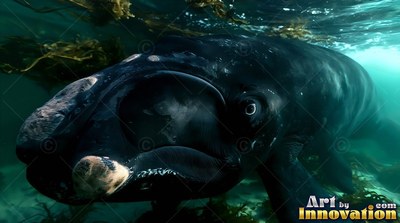 A dark right whale passes near kelp under greenish water lit from above