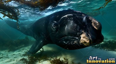 Facing forward in shallow green sea, a black whale swims above sand