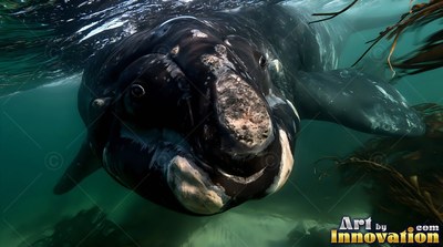 A dark whale cruises toward the surface in green sea near brown kelp