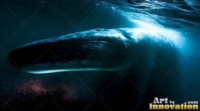 Swimming near the surface, a sperm whale glides across deep blue ocean lit by sunlight