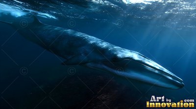Blue whale cruising deep under sunlit open water