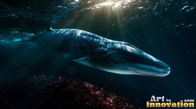 Mottled blue skin of a blue whale cruises under bright sun beams in dark open water