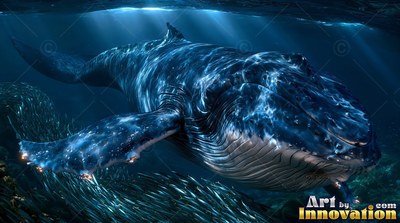 A large humpback whale passes underwater as pale sunbeams cut through the deep blue sea