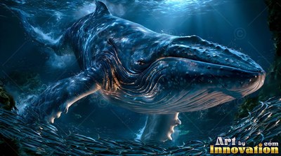 Swimming forward, a blue large humpback whale glides through sunlit deep water