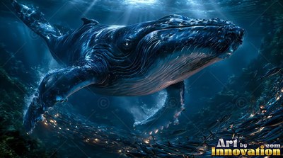 A dark blue whale swims downward through deep water over a school of fish