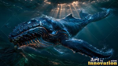 In sunlit deep water, a blue swimming humpback whale travels toward the surface