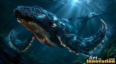Swimming within deep blue ocean, a humpback whale turns toward bright sunbeams