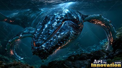 Humpback swimming forward in dark blue the ocean