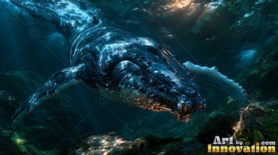 Knobby ridges along its jaw, an adult humpback whale travels through the deep blue ocean waters