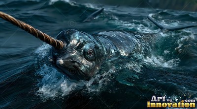 A narwhal surfaces through dark choppy water with cool daylight shining on its wet skin