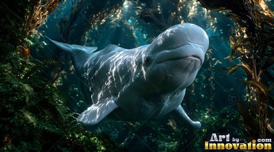 A white beluga whale passes forward through sunlit green kelp underwater