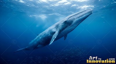 Swimming upward through the deep blue water , a blue whale angles toward sunlight