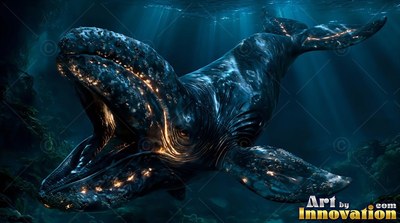 A dark whale moves with an open mouth in deep blue ocean