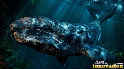 Barnacle-crusted skin covers a gray whale cruising through sunlit, deep blue water