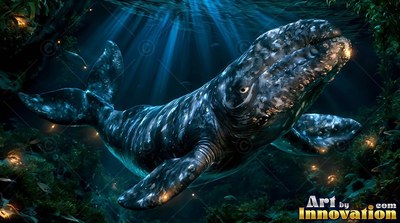 A gray whale swims through dark water lit from above by blue sunbeams