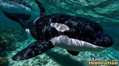 Angled toward the front in shallow turquoise water, an orca swims