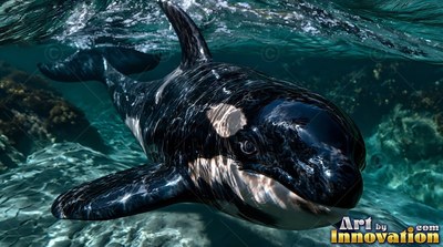 A black and white killer whale moves through clear turquoise water near the surface