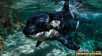 In shallow green open water, a black and white killer whale passes over sandy rocks