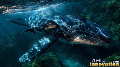 Swimming near the surface, a large humpback whale guides its calf through blue water
