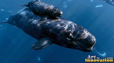 A dark whale travels with a calf on its back in deep blue ocean