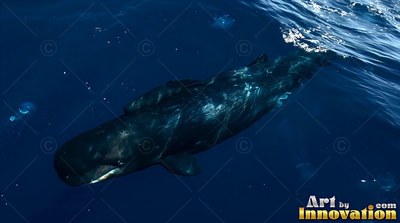 A dark whale cruises downward in deep sea water dappled with sunbeams