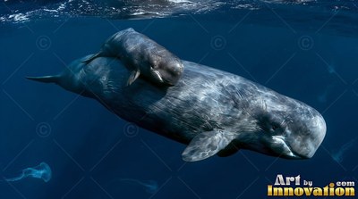 Gliding on its side in deep blue ocean, a gray sperm whale travels with its calf