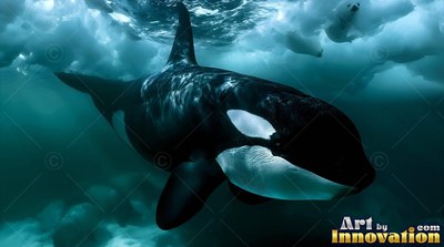 An orca swims across deep the sea right beneath thick white sea ice
