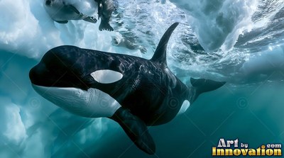 Under blue arctic ice, an orca swims near seals in the clear water