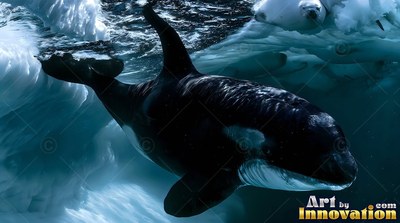 An orca swims through cold blue water beneath ice