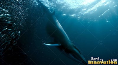 White edge of its flipper shines as a dark whale dives near a dense school of fish in deep blue water