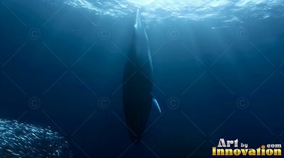 A whale dives straight down into deep blue water as soft sunbeams filter from above
