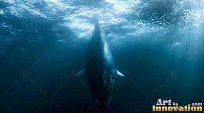 Diving straight down through deep blue sea water, a whale swims under fish