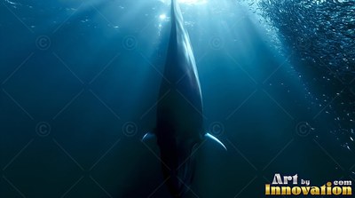 A dark whale dives straight down into deep blue water under bright sunlight rays