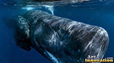 In clear blue water near the surface, a dark sperm whale passes forward