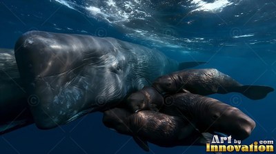 Gray sperm whale traveling with small calves in dark blue sea
