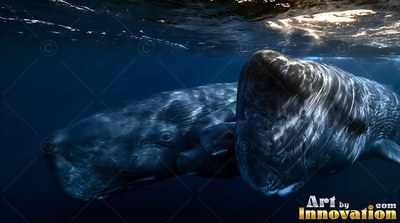 Mottled gray skin marks two sperm whales swimming together in deep blue the sea
