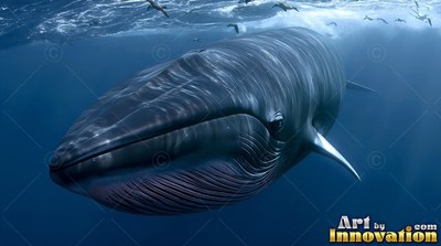 A blue whale moves toward the surface as pale sunlight ripples over its dark skin