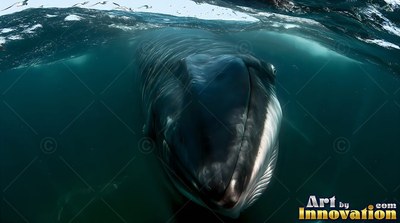 Facing forward just below the water surface, a dark whale swims ahead