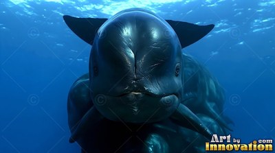 A round black whale cruises forward in clear blue water, looking right at you