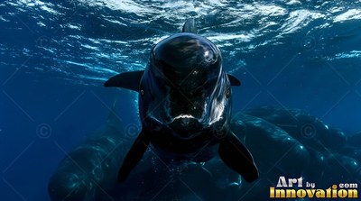 In deep ocean water, a dark whale travels directly forward near the ocean surface