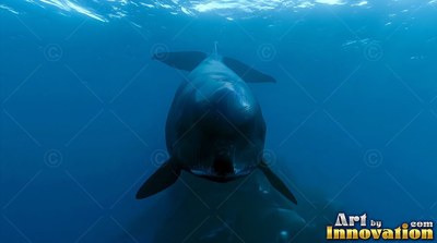 A dark whale swimming head-on in deep blue open water