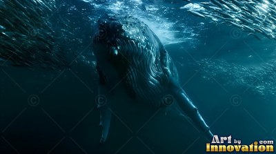 Grooved throat of an adult humpback whale diving deep into dark blue water circled by small fish