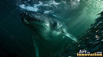 A humpback whale swims upward through dark green ocean water under pale surface sunlight