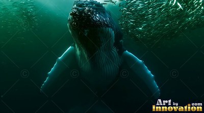 Swimming upward head-on, a humpback surfaces near a school of small fish in green sea