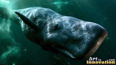 A gray sperm whale passes forward in deep green water