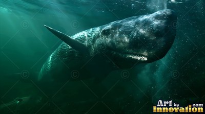 A rounded head with pale scars on a sperm whale swimming through deep green ocean water