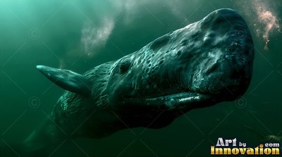 A sperm whale swims forward through murky green water illuminated from above